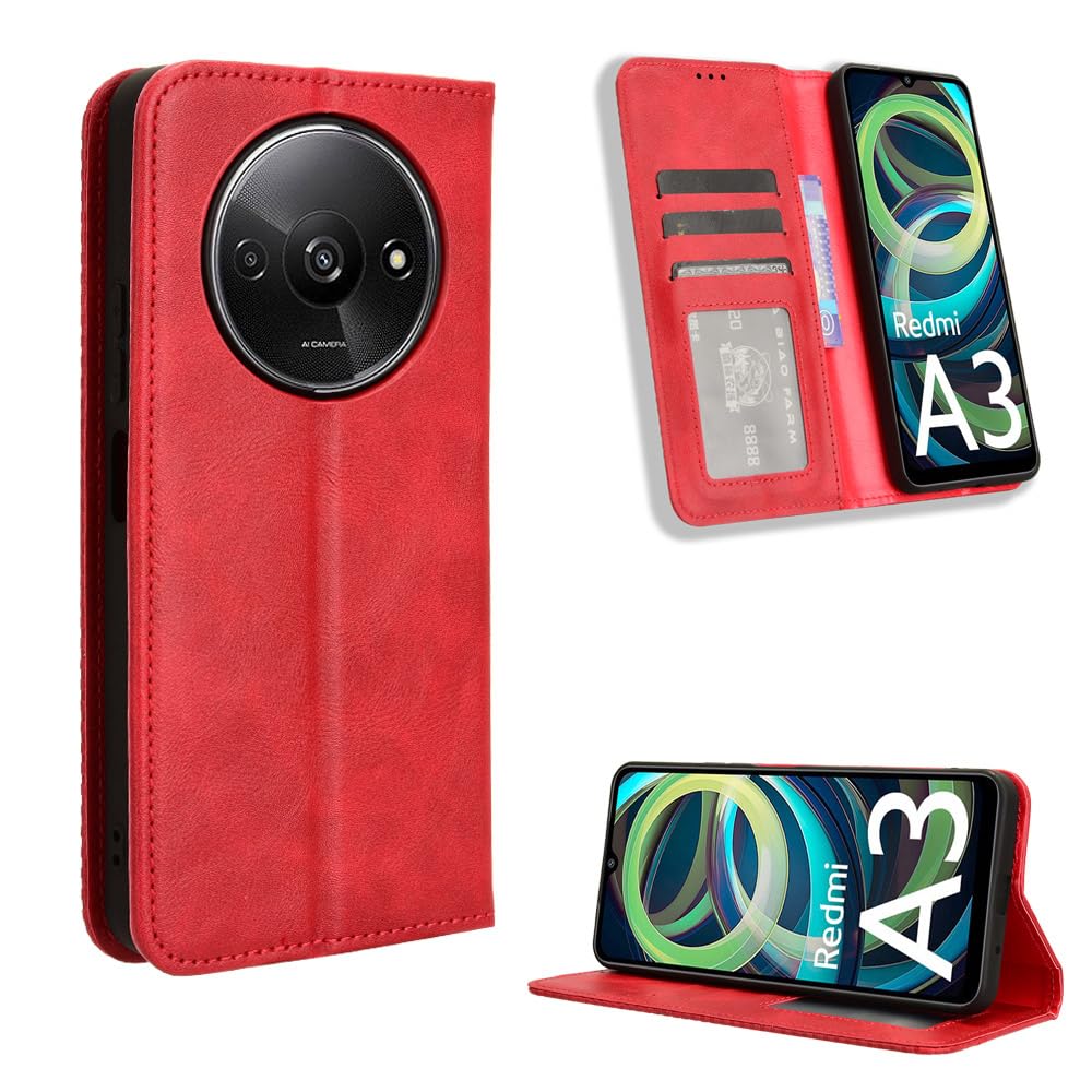 BellaCase Redmi A3 Case [Wallet Case] [Kickstand] [Card Slots] [Magnetic Flip Cover] Compatible with Redmi A3 Smartphone(Red)