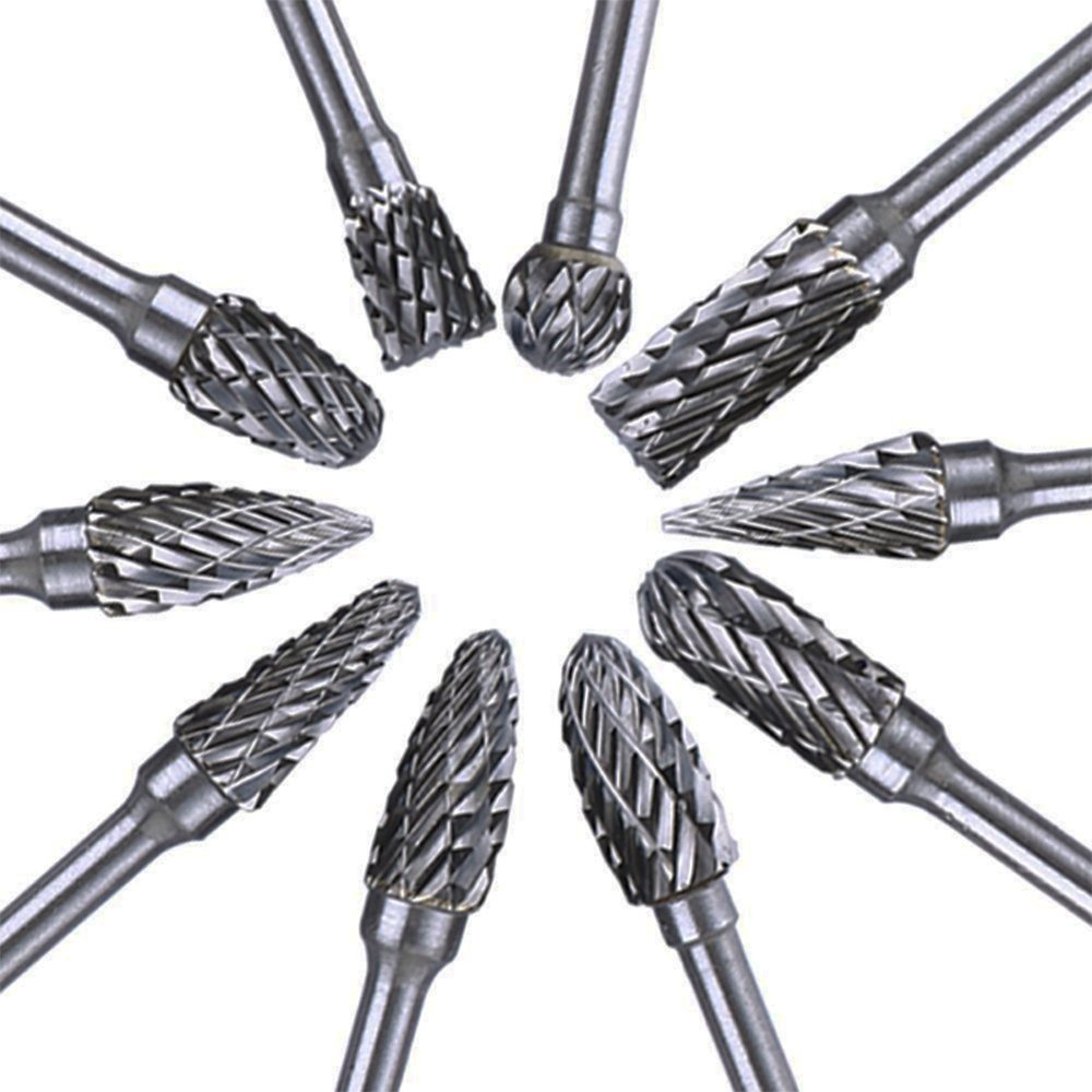 10Pcs 1/4 Head Tungsten Carbide Double Cut Rotary Burr Set w/ 1/8 Inch
