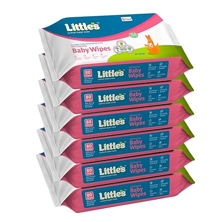 Littles Soft Cleansing Baby Wipes with Aloe Vera, Jojoba Oil and Vitamin E (80 Wipes) Pack of 6