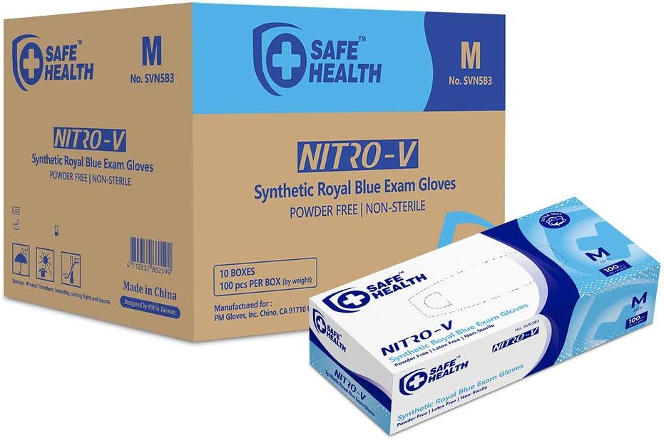 SafeHealth - Nitro-V Nitile&Vinyl Blended Exam Gloves, Case of 1000, Medium, Synthetic Blue, Powder/Latex-Free, Disposable, Medical Grade, Food, Cleaning, House Improvement, General Use