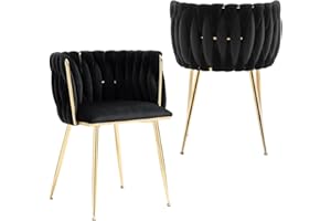 Nrizc Woven Dining Chairs Set of 2, Velvet Upholstered Dining Chairs with Gold Metal Legs, Modern Accent Chairs for Living Room, Dining Room, Kitchen (Black)