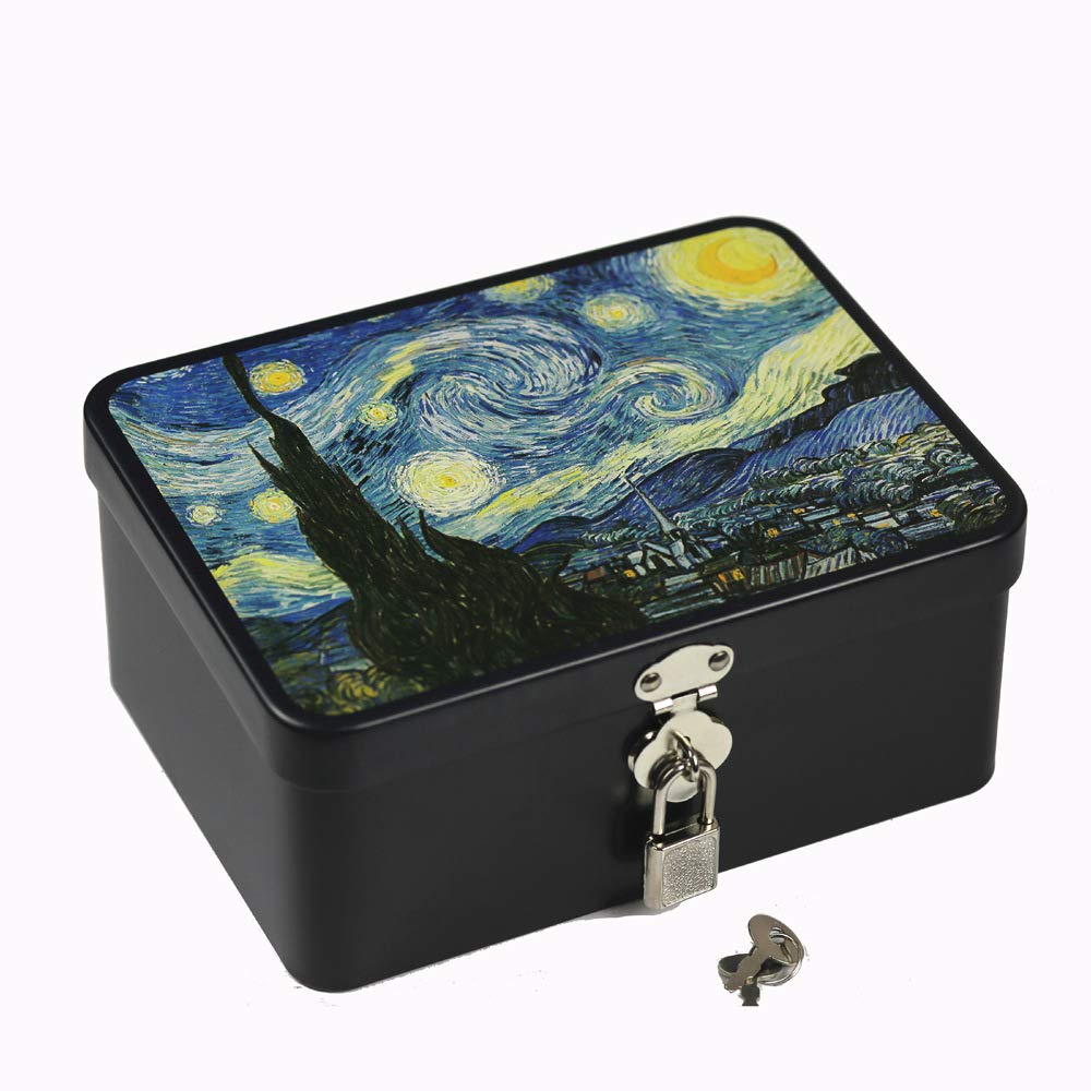 Retro Style Rectangle Tinplate Storage Box with Padlock, Home Kitchen Desktop Storage Tin Canister, Chocolate Candy Tea Coffee Cosmetics Jewelry Photos Gift Case (Star Night)