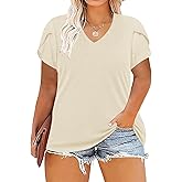 TAKEYAL Women's Plus Size T Shirts Petal Sleeve V Neck Tee Tops Summer Cute Baggy Casual Blouses XL-5XL 2024