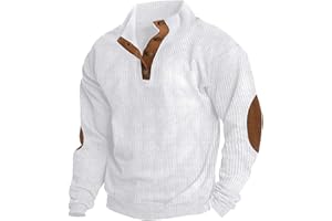 WOLWES Mens Corduroy Shirt Lapel Collar Button Up Pullover Mock Neck Long Sleeve Sweaters Polo Sweatshirts with Elbow Patches