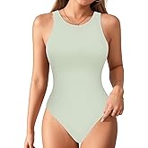 MANGOPOP Women's Tank Tops Bodysuit Double Lined Crew Neck Thong Body Suit Sleeveless Halter Fitted Top