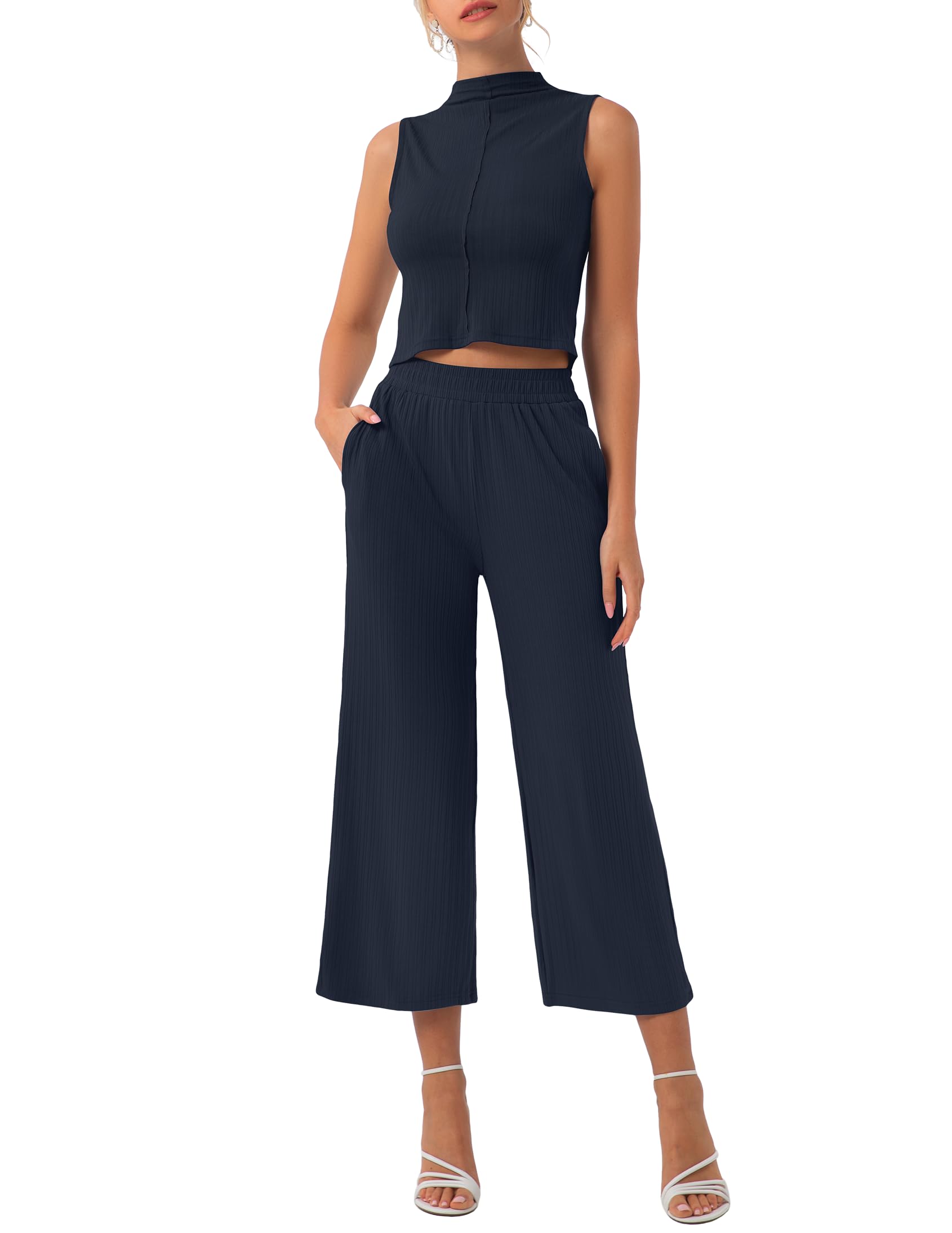 Photo 1 of LARGE FKEEP Casual 2 Piece Outfits for Women Summer Tank Tops and Wide Leg Pants Lounge Sleeveless T Shirt Tracksuit Sets (Navy Blue, L)