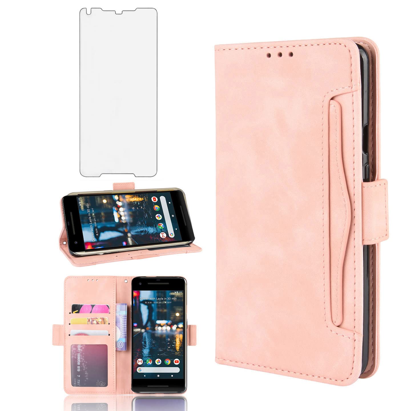 Phone Case for Google Pixel 2 Wallet With Tempered Glass Screen Protector Card Holder Slot ID Credit Stand Kickstand Leather Magnetic Purse Flip Cell Accessories Pixel2 Pixle Two G011A Women Men Pink