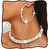 Nicute Rhinestone Necklace Jewelry Set Silver Necklace and Hoop Earrings Crystal Wedding Choker Jewelry for Women