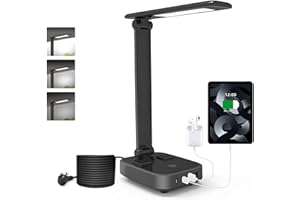 YOSTYLE LED Desk Lamp with 4 USB Charging Ports and 2 AC Outlets,5ft Extension Cord Power Strip Station, 3 Level Brightness, Touch Dimmer Control, Office Table Eye Care Lamp Bedroom Hotel