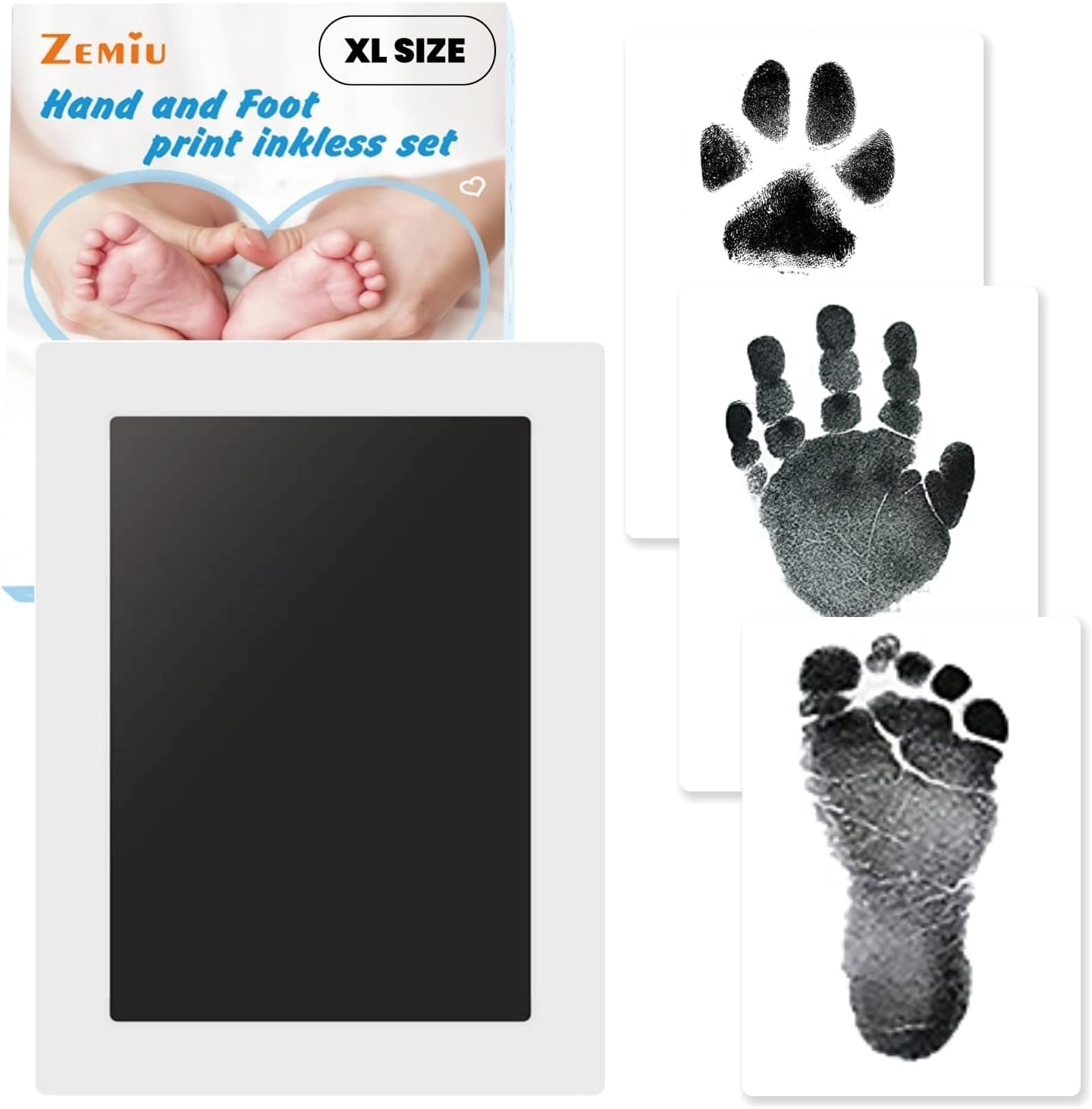 Zemiu Baby Handprint & Footprint XL Size Kit,1 Pack Baby Handprint Ink Pads w/ Clean-Touch & 3 Imprint Cards,Inkless Print Kit Safe Non-Toxic Baby Feet & Hands, Family Keepsake, Pet Paw, Black