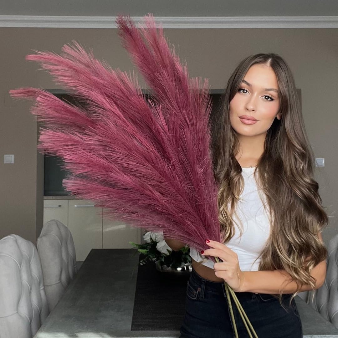 VOULUX Extra Large Tall Fuchsia Pink Fake Faux Artificial Pampas Grass Large Fluffy x3 115cm Stems x18 Decorative Artificial Flora Feathers For Floor Vases Tall Plant Flowers Long Pampas Grass