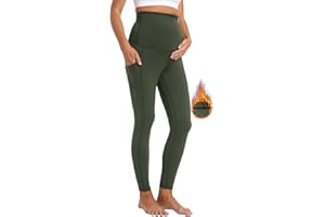 V VOCNI Maternity Fleece Lined Leggings with Pockets Over The Belly Yoga Pants Thermal Winter Workout Leggings for Women