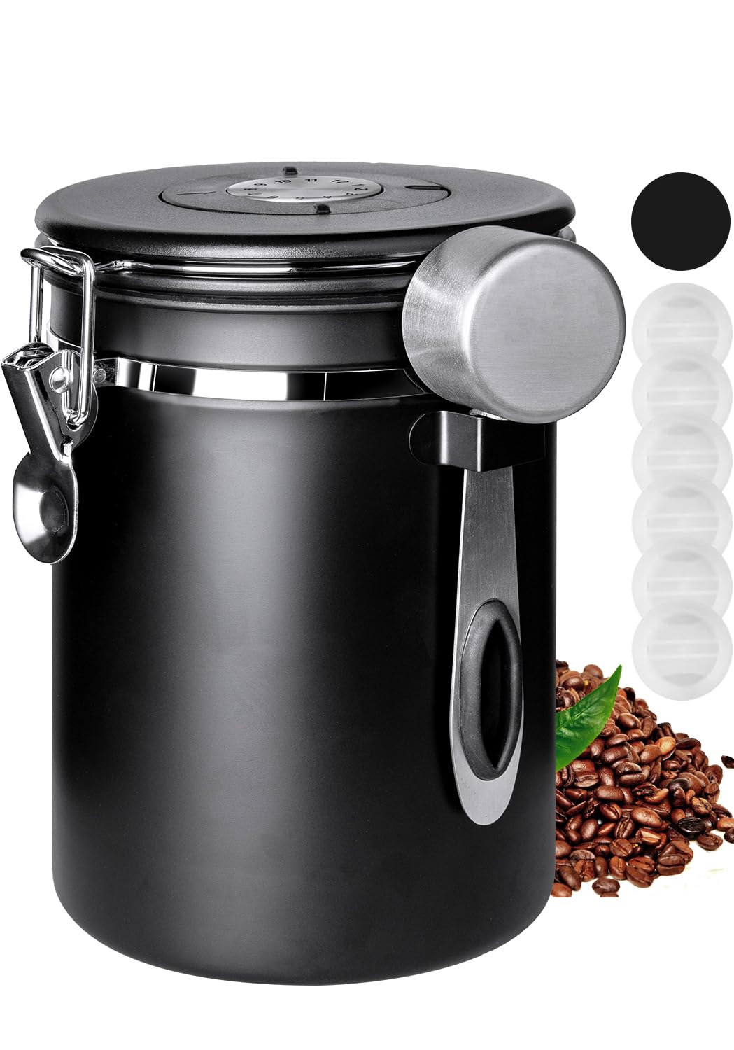 Photo 1 of INFTYLE Coffee Canister with Airtight Lid, 22oz, 60 fl oz White, Stainless Steel Air Tight Lid Container with Date Tracker and Scoop Food Storage Jar for Grounds Coffee, Beans, Flour, Cereal (Black)