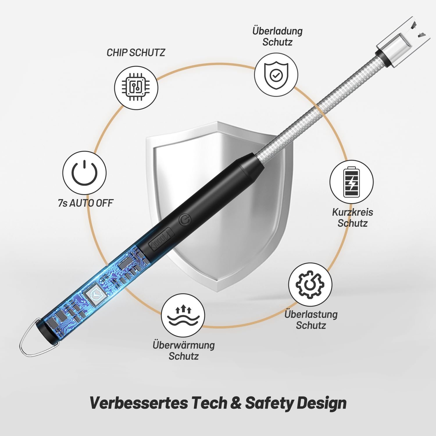 VEHHE Feuerzeug, Umweltfreundliches Elektrische Stabfeuerzeug mit USB-C-Ladung & 360° Flexiblem Hals, Ohne CO₂-Emissionen, Windfest & Explosionssicher für Küche, Gasherd, Grill und Kerzen (Schwarz) 6
