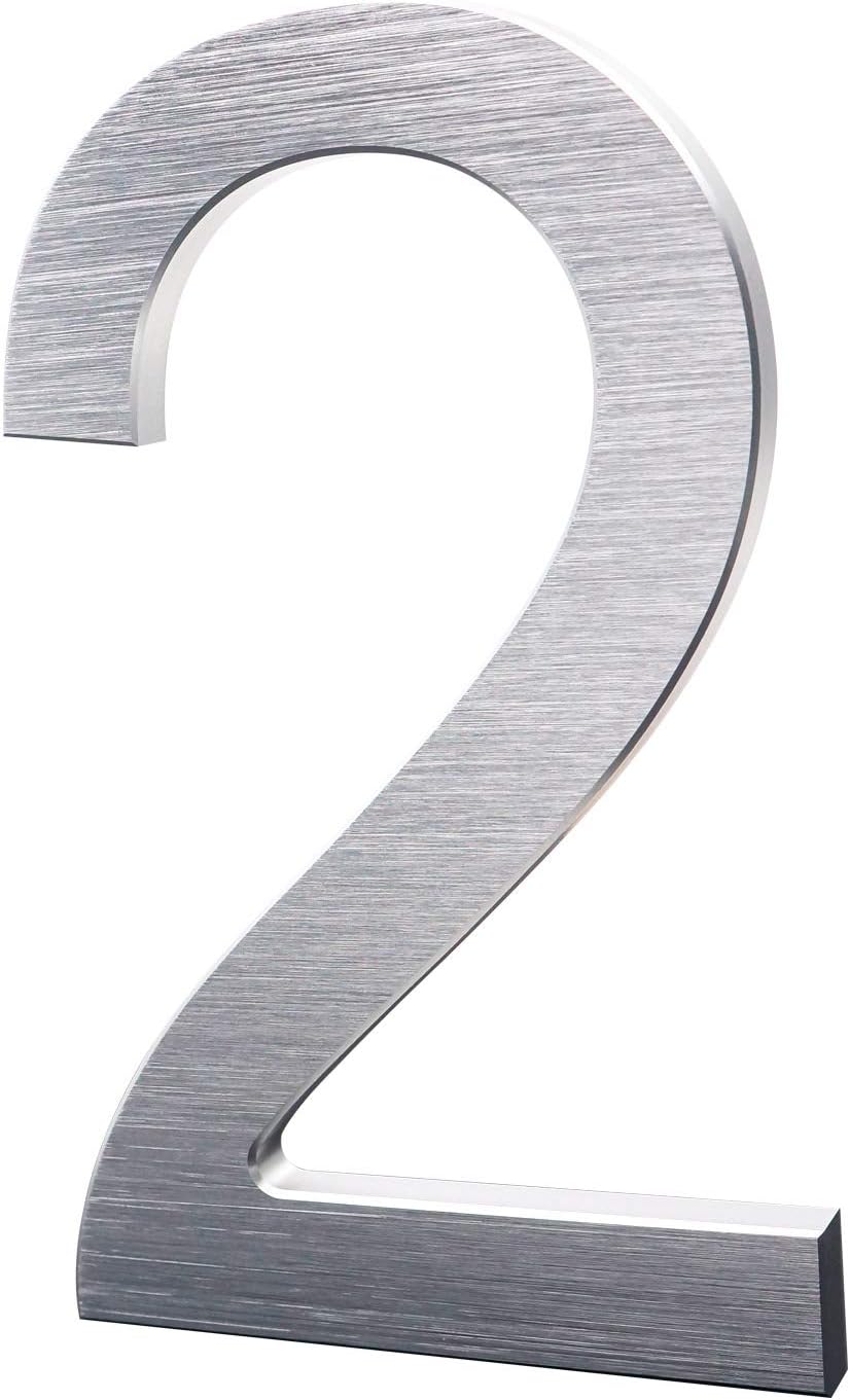 6 Inch Modern House Numbers- Premium Aluminum Floating Home Address Number with Exquisite Drawing Process, Silver, Number 2