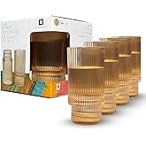LUMINELLE Ribbed Drinking Glasses -15 oz Clear Glass Tumblers for Water, Iced Coffee, and Cocktails | Modern Textured Glassware for Kitchen & Dining | Dishwasher Safe, Set Of 4, 6 pack (GOLD)