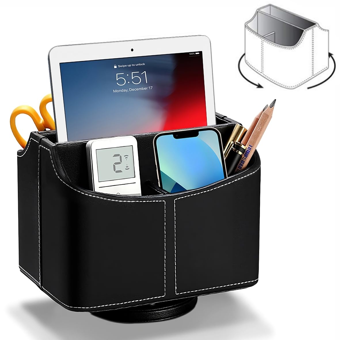 Easy Funny Remote Control Holder 360 Degrees Rotatable PU Leather Remote Organiser Desktop Storage Table Tidy for TV Remote iPad CD Book