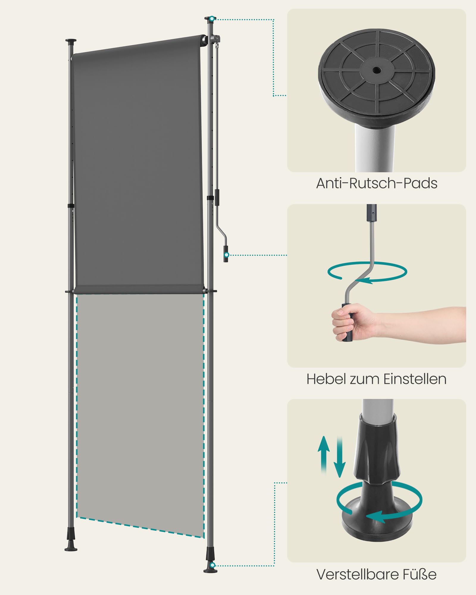 SONGMICS Senkrechtmarkise, höhenverstellbar, 120 x (220-300) cm, kein Bohren erforderlich, Vertikalmarkise für Terrasse, Balkon mit Markisenkasten, UPF 50+, Sichtschutz, anthrazitgrau GSA0120G01 5