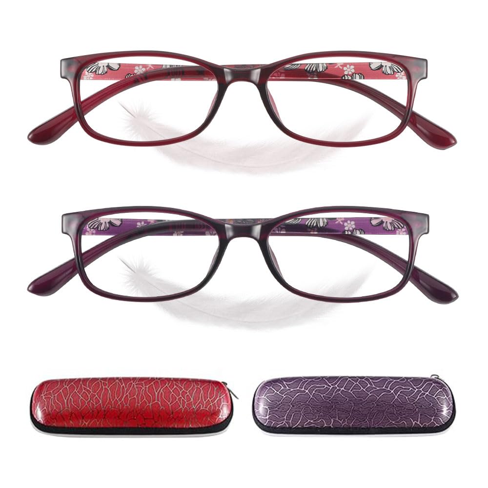 JiSoo Reading Glasses Women 1.25 - Small Ladies Reading Glasses, Flexible Lightweight Cute Womens Readers 2Pack,Red+Purple