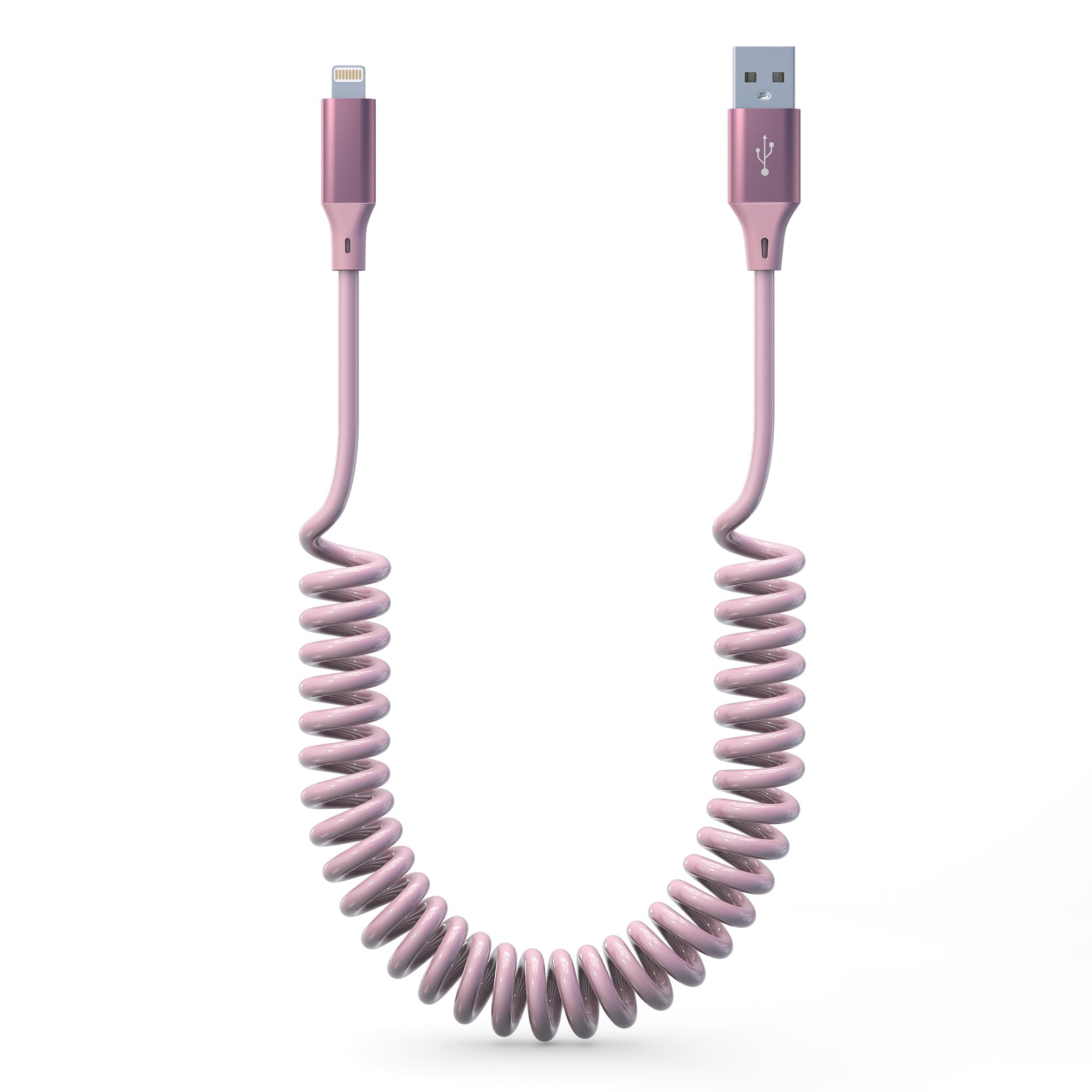 Coiled Lightning Cable Apple Carplay Cord [Apple MFi Certified] Short iPhone Car Charger Cable Pink with Data Sync, Retractable iPhone/Pad/Pod Charger Cord, Pink