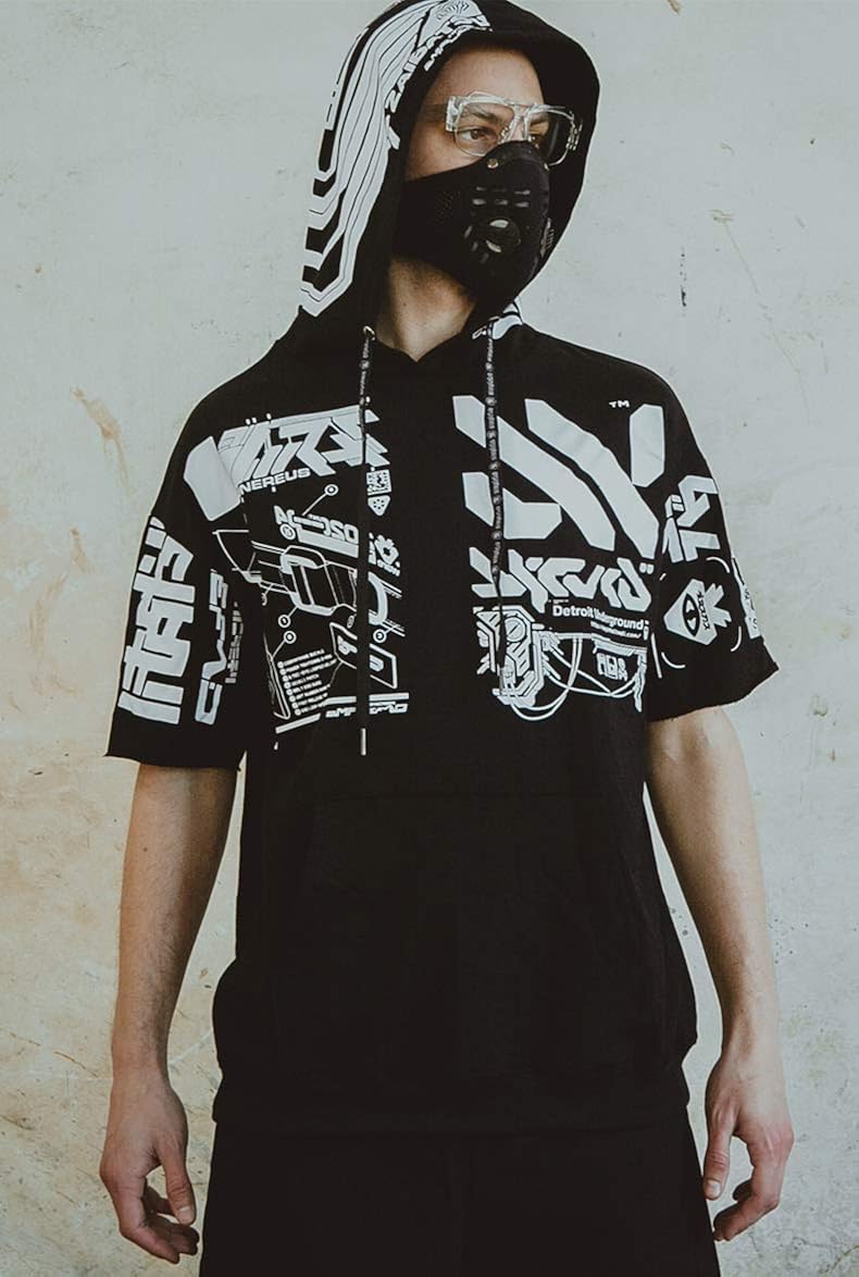 Crean サイバーパンク メンズ パーカー 半袖 パンク ジャケット ブラック カッコイイ おしゃれ トレーナー パーカー 通販 Amazon