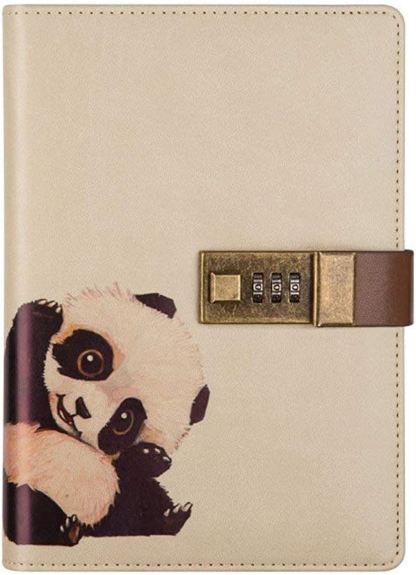 Travel Notebook with Combination Lock, Diary Writing PU Leather Animals Journal Notepad with Pen Holder for Boys and Girls, Refillable A5 Planner, 112 Sheets (Panda)
