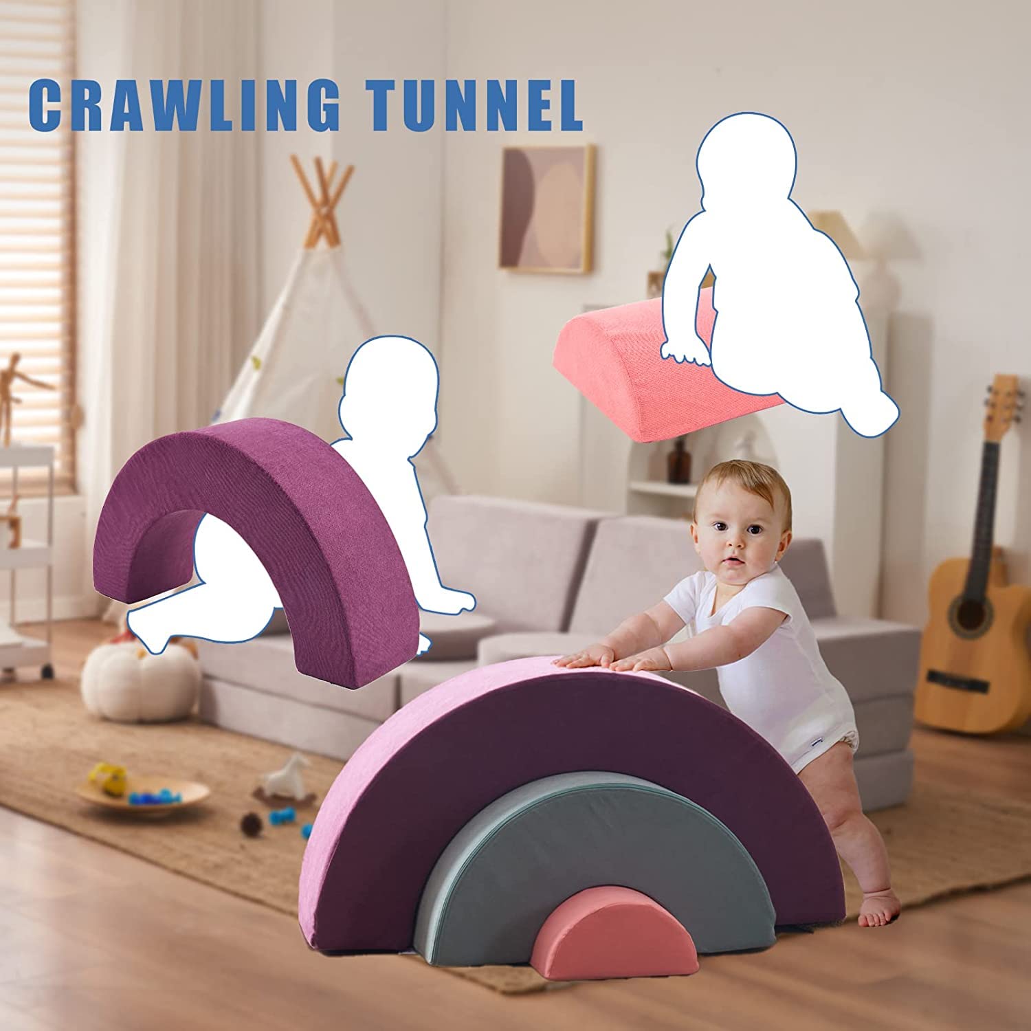 Jela Kids Couch, Soft Play Equipment Playset Rainbow, Foam Blocks for Toddlers 1-10, Climbing Blocks, Crawling Tunnel, Beige