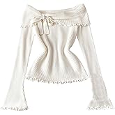 Verdusa Women's Bow Tie Off The Shoulder Sweater Streetwear Ribbed Knit Pullovers