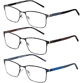 DJOLENSA 3 Pack Reading Glasses Men, Blue Light Blocking Reading Glasses 2.0, Anti Eyestrain/Glare/UV, Metal Frame Spring Hinge Computer Readers with Pouches (2.0+)