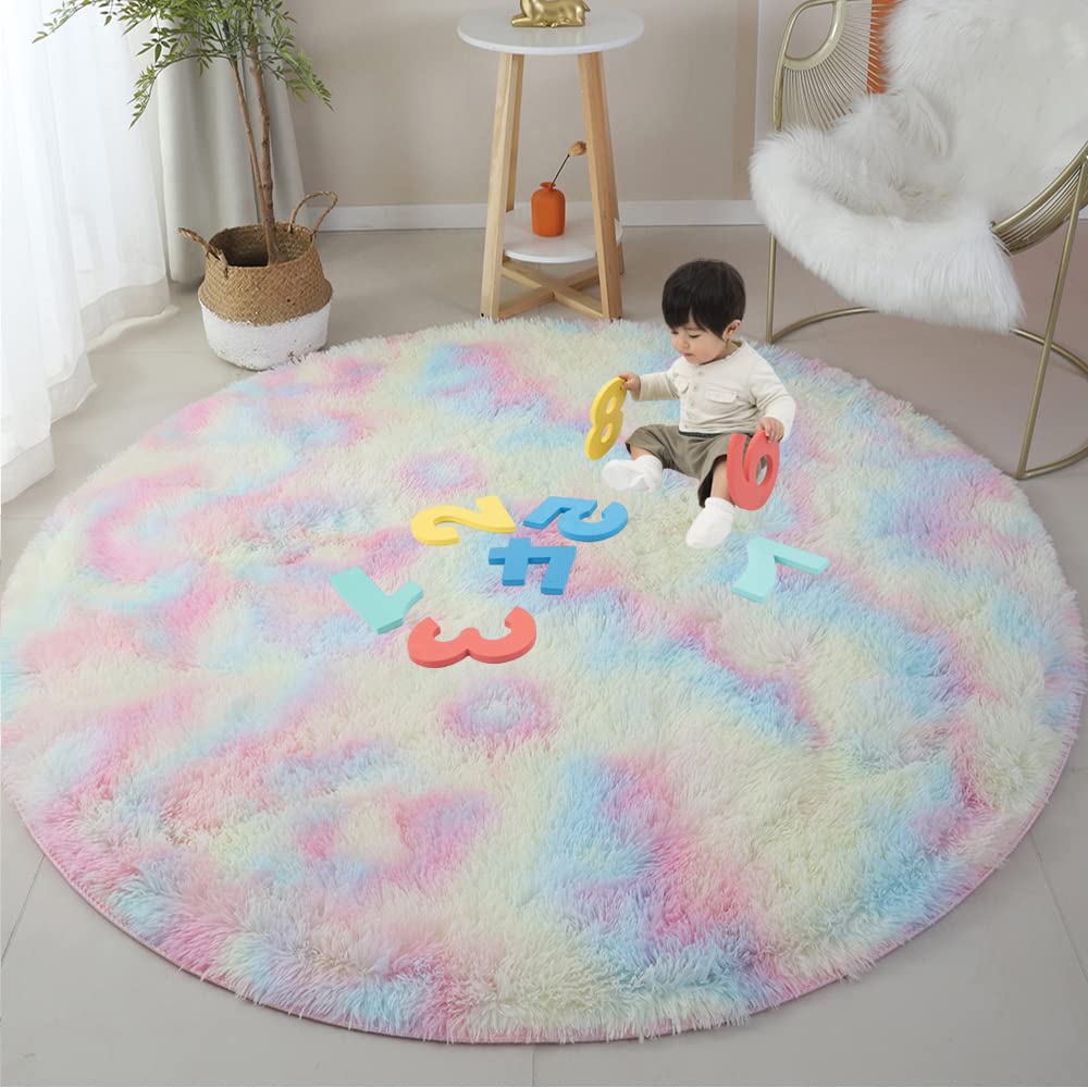 Fluffy Round Area Rug for Bedroom 120cm Soft Fuzzy Circle Rug for Kids Girls Baby Room Indoor Plush Circular Nursery Rugs Cute Modern Furry Rugs for Living Room Shaggy Carpet for Bedroom, Rainbow