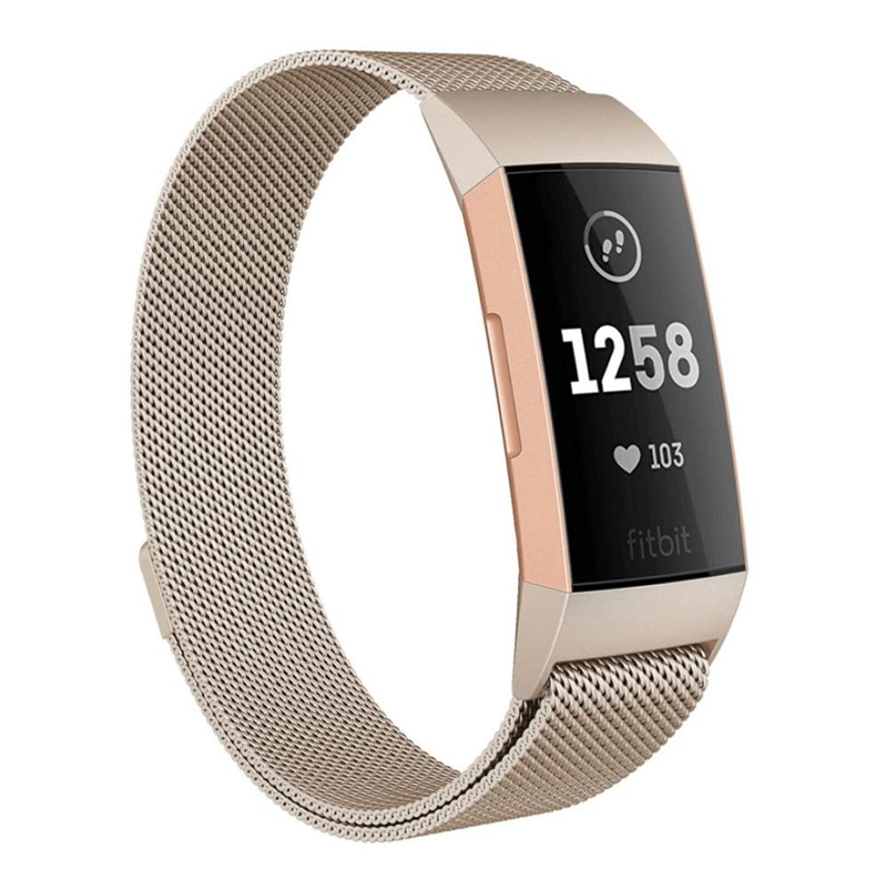 Moydolo Compatible with Fitbit Charge 3 Strap/Fitbit Charge 4 Strap, Men Women Stainless Steel Metal Adjustable Magnetic Loop Mesh Replacement Band for Charge3/Charge 4/Charge 3 SE,Large Vintage Gold