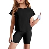 Haloumoning Girls Loose Athletic Shirts Short Sleeve Crop Tops Kids Quick Dry Gym Yoga Tees 5-14 Years
