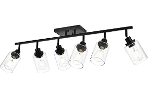 Wanluce 6-Light Track Lighting Kit Black Track Lighting Fixtures Bathroom Wall Sconces Ceiling Mount Kitchen Tracking Lights, Rotatable Spotlight with Clear Glass Shade for Kitchen Shop Hallway