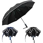 Sunnymove 2 Pack Large Windproof Travel Umbrella for Rain & Sun 10 Ribs 42" Inverted Compact Automatic Folding Umbrella Reverse with Reflective Stripe for Women Men Backpack Car Tote with Cover Bag