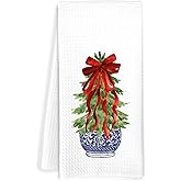 JOQUXI Blue Chinoiserie Tree Kitchen Towels, Grandmillennial Decorative Hand Tea Towels for Bathroom, Coquette Red Bow Xmas Dish Towel Dishcloth, 16x24 Inch