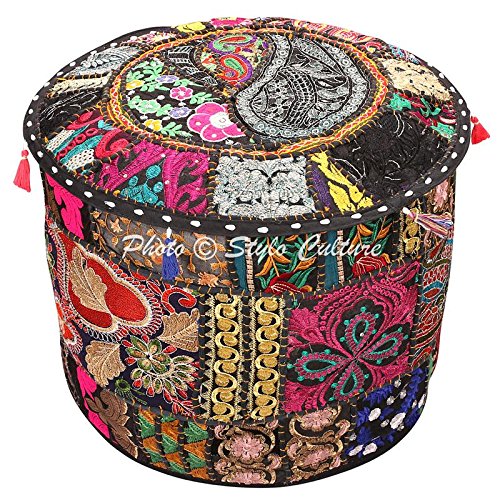 Stylo Culture Pouffe Seat Children Vintage Pouffe Ottoman Cover Large Black Indian Embroidered Patchwork Cotton Traditional Round Fabric Pouf Ottoman Cover (22x22x13 Inch) 55cm (COVER ONLY)
