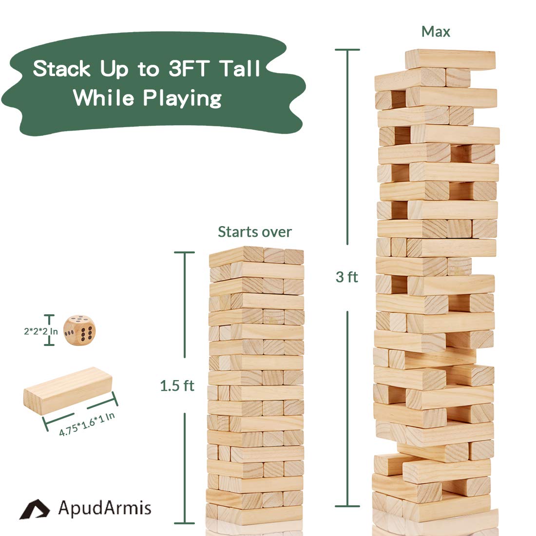 ApudArmis 54 PCS Tumble Timber Set [Up to 3.2FT], Pine Wooden Tumble Tower Game with Dice and Scoreboard Set - Classic Block Stacking Board Game for Teens Children Teenagers