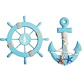 Meching 2 Pack 11" Nautical Wooden Ship Wheel and 13" Wood Anchor with Rope Nautical Boat Steering Wheel Rudder Anchor Wall Decor Door Hanging Ornament Beach Theme Home Wall Decoration(Light Blue)