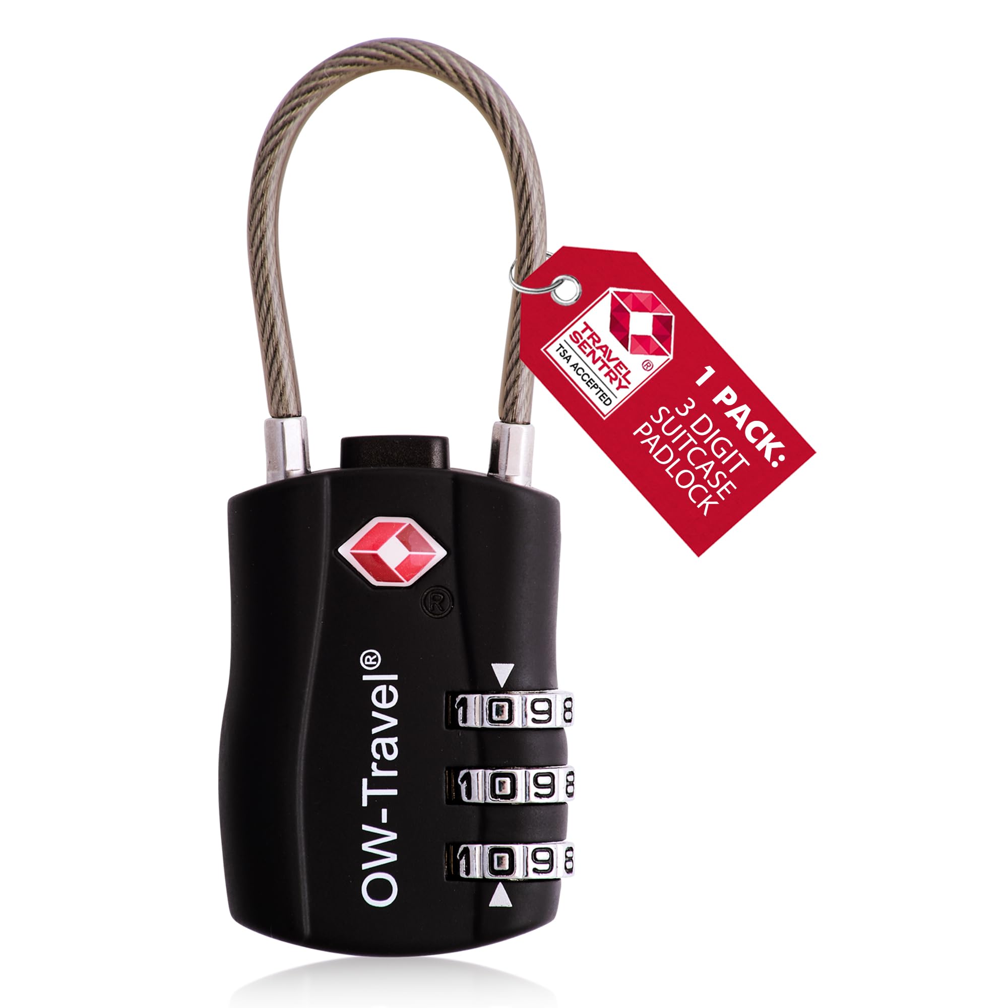 OW-Travel TSA Approved Luggage Locks Suitcase Locks (1 Pack Black) 3 Digit Flexible Cable Suitcase Padlock. Travel Bag Combination Luggage Padlocks for Suitcases. TSA Travel Lock for Bags and Cases