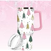 JarThenaAMCS Christmas Tumbler with Handle 40oz Boho Christmas Tree Tumbler with Lid Straw Pink Green Xmas Winter Stainless Steel Cup for Home Office Travel
