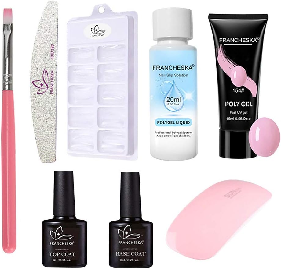 LLguz Crystal Nail Extension Polish Gel Art Manicure Supplies Kit,Include Fingernail Poly Solution Gel Top Base Coat Nail File Brush Polygel Liquid And Nails Lamp