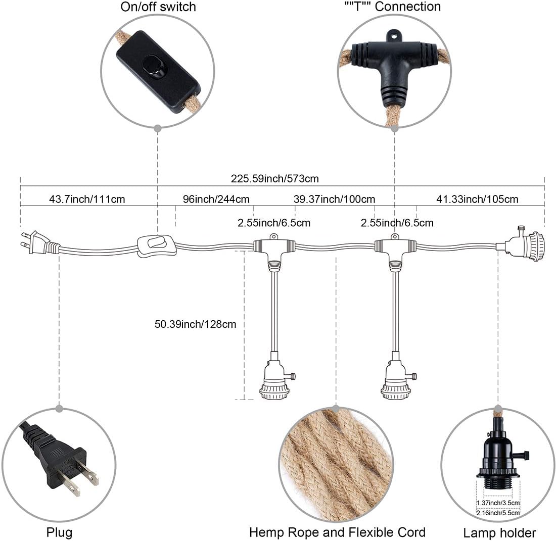 Triple Pendant Light Cord Kit with Independent Switch Hemp Rope Vintage Hanging Lighting Cord Fixture Compatible with E26 for Industrial DIY Projects Decoration - - 