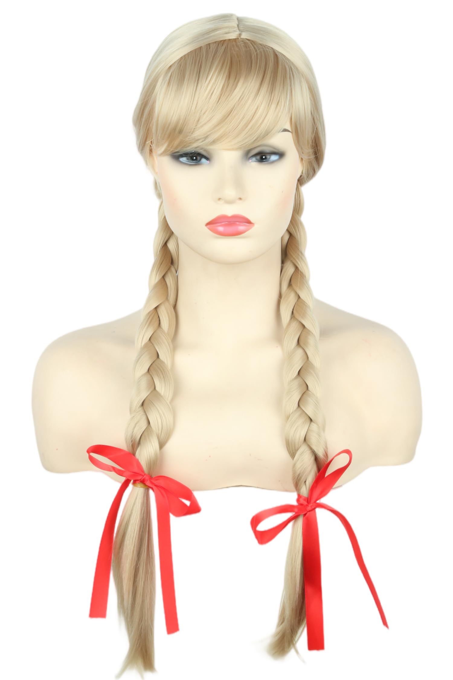 Photo 1 of LeMarnia Horror Doll Wigs for Girls Blonde Braid Wigs with Bangs and Red Bow Halloween Costume Wig
