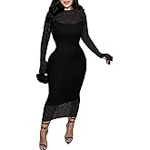 Doweha Womens Sexy Bodycon Lace Dress Elegant Long Sleeve Midi 2 Piece Dress Sets Cocktail Party Birthday Date Night Outfit
