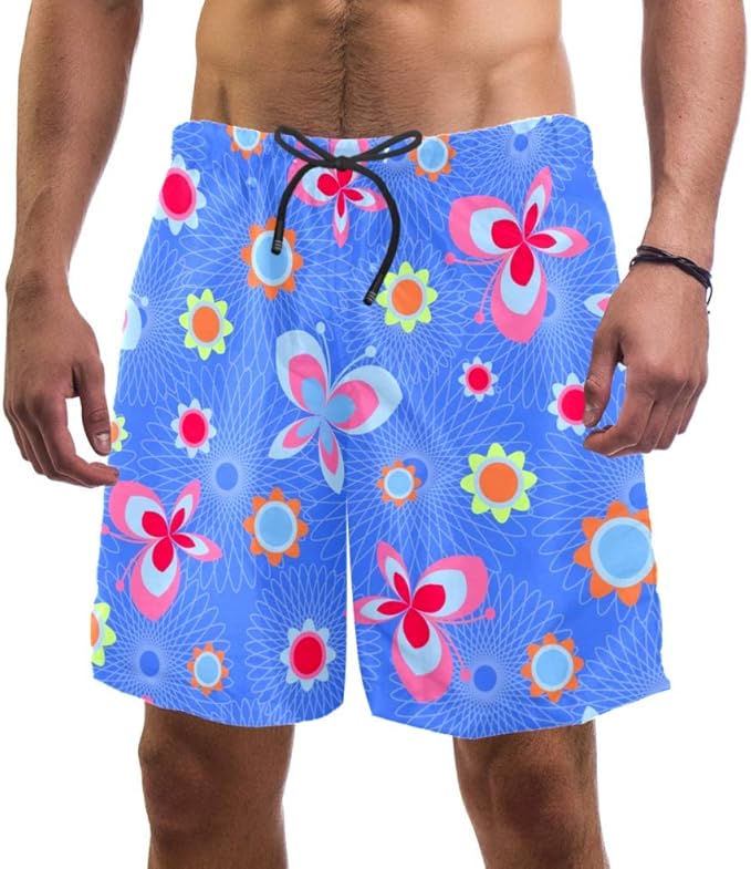 Beach Shorts Mens Special Flower Butterfly Shorts Casual Drawstring