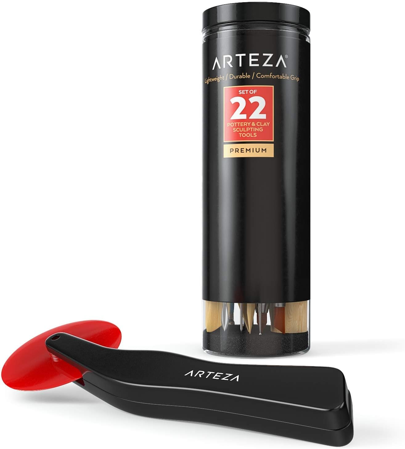 ARTEZA Pottery Tools & Clay Sculpting Tools, Set of 22 Pieces in PET Storage Tube, for Clay, Pottery, Ceramics Artwork & Holiday Crafts
