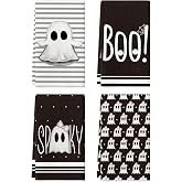 Artoid Mode Black Ghost Halloween Kitchen Towels Set of 4 18x26 Inch | Stripes Boo Spooky Bow Knot Hand &amp; Dish Towels,Ultra Absorbent,Seasonal Farmhouse Decoration