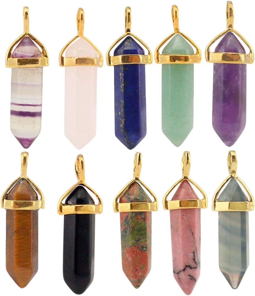 MIKINI 9pcs Silver Plated Wire Wrap Hexagon Pointed Cut Gemstone Healing Energy Natural Crystal Pendant Necklaces Pack, 18 Inches (10pcs (Gold Cap))