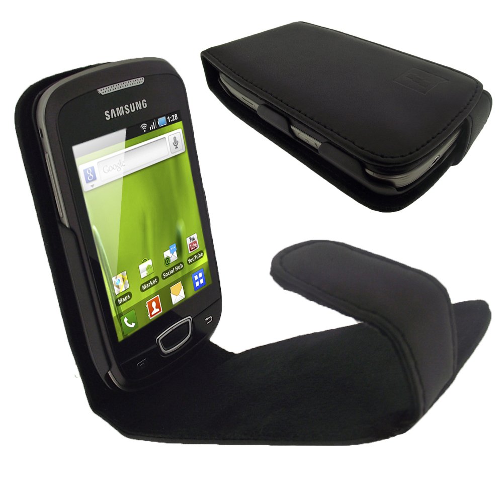 iGadgitz Black Genuine Leather Case Cover Holder for Samsung Galaxy Mini S5570