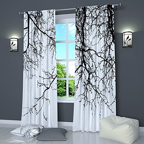 Factory4me Black and White Tree Curtains Black Branches. Window Treatment Curtain Panel (Set of 2) Bedroom Kitchen Living Room. W104 x L96 Polyester